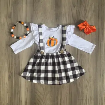Los niños de las niñas de 2 piezas de ropa de niñas otoño vestido de las niñas de Halloween camiseta de los niños plaid vestido de calabaza de impresión con accesorios