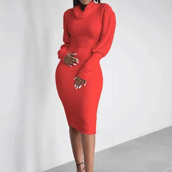 Africano De Otoño De La Mujer De Vestido Rojo Amarillo Elegante Mujer Bodycon Vestidos De Túnica 2019 Linterna Manga Vestido Midi Vestiods Señora De La Oficina