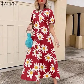 La moda de la Impresión Floral Vestidos de las Mujeres ZANZEA 2021 Verano Suelto Maxi Vestidos Casual de Manga Corta O-cuello Largo Vestido Más el Tamaño 5XL