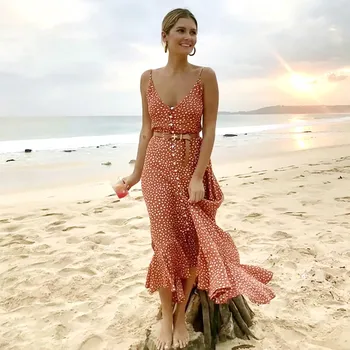 BEFORW Vestido de Verano Sexy V-cuello Correa para el Botón Vestido de Lunares Bohemio de las Mujeres Casual Femenina de Impresión Playa Larga Vestidos