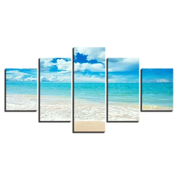 Lienzo HD Impresiones de Imágenes de la Pared del Arte de los Carteles De 5 Piezas Cielo Azul de las Olas del Mar de la Playa de Marina Pinturas de Decoración para el Hogar en la Sala Marco