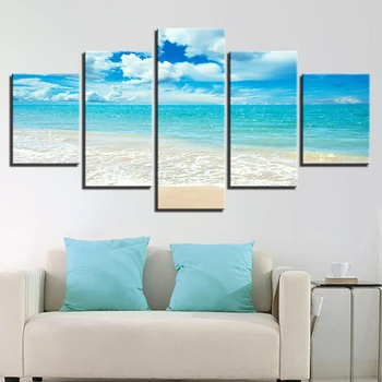 Lienzo HD Impresiones de Imágenes de la Pared del Arte de los Carteles De 5 Piezas Cielo Azul de las Olas del Mar de la Playa de Marina Pinturas de Decoración para el Hogar en la Sala Marco