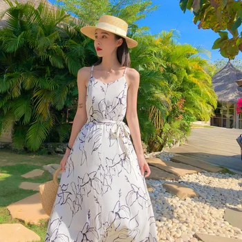 Tiempo las Mujeres Impreso Blanco de Gasa de la Correa del Vestido de Verano Elegante Casual Parte de las Vacaciones Vestido con Cinturón en la Pista de Playa Tropical Vestido