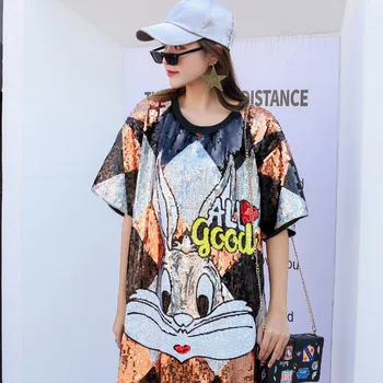 Tailandia marea de la marca t-camisa suelta de gran tamaño de las mujeres de la industria pesada de lentejuelas de la mitad de la longitud de la camiseta de la primavera 2020 nuevas hip-hop camiseta