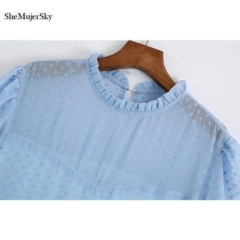 SheMujerSky las Mujeres Vestidos Largos de Verano Elegante malla O Cuello Maxi Vestido de Damas de Blanco Azul Sólido Partido O Cuello de la Túnica de Vestidos
