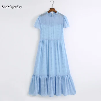 SheMujerSky las Mujeres Vestidos Largos de Verano Elegante malla O Cuello Maxi Vestido de Damas de Blanco Azul Sólido Partido O Cuello de la Túnica de Vestidos