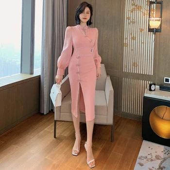 Las mujeres de la moda de la nueva llegada sólida personalidad de alta calidad slim formal vestido sexy de verano de los botones de la parte de color rosa vestido lápiz
