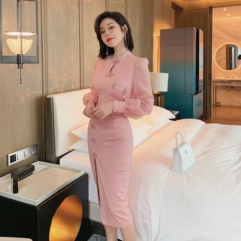 Las mujeres de la moda de la nueva llegada sólida personalidad de alta calidad slim formal vestido sexy de verano de los botones de la parte de color rosa vestido lápiz
