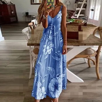 La mujer de la Playa de Maxi Vestido Boho Casual 5XL Más el Tamaño de Una Línea Profunda de la Correa de Espagueti de la Carta Floral Gradiente de Elegantes Vestidos Largos de Verano