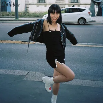 Nibber 2020 Gótico harajuku negro de la correa de espagueti mini Split vestido de mujer de verano de bodycon de la barra del club de noche del partido de algodón vestido de mujer