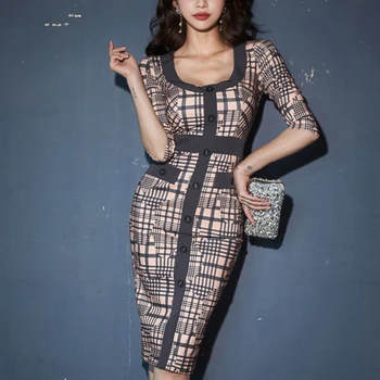 H Han Reina coreano Elegante Single Breasted Ocupación Vestido de las Mujeres de los Nuevos Cuadros de Alto Vestidos de Cintura Simple ropa de Trabajo de Vestidos de 2020