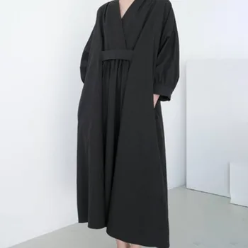 Negro Suelto Casual Vestido de Japón Estilo Simple vestido Largo de manga Larga de Cobertura de la Universidad Femenina de cuello en V Vestido Maxi OL Vestidos de color Beige