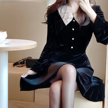 2020 Elegantes Vestidos Negros De Encaje Blanco De Las Mujeres De Corea Del Estilo De Diseño De Temperamento Dama Delgada Línea Lindo Partido Pequeño Vestido Negro 12021