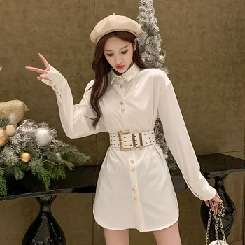 YAMDI solo brested sólido cinturón de manga larga 2020 vestidos de mujer coreana elegante primavera verano una línea de mini vestido de fiesta de mujeres vintag