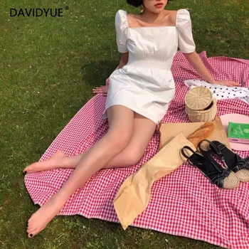 Vestido blanco de verano de 2019 corto de las señoras de los vestidos de elegante playa causal sexy plaza de cuello de manga corta túnica de corea kawaii vestidos