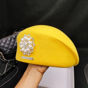 Dulce diamante de la flor de fieltro de lana boinas para las mujeres de color amarillo sombrero del invierno de las mujeres ins pintor francés tapas