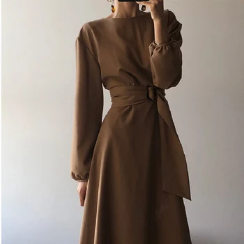Vintage Sólido O-cuello Una línea de Vestidos de las Mujeres Sencillo Vestido Largo y la mitad de la longitud Femenina de la Moda de las Señoras Vestidos De 2021 Primavera Otoño coreano