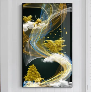 Lienzo Abstracto de Oro de la Línea de los Ciervos y de los Árboles En la Nube de la Pintura de Cuadros Grandes de la Impresión del Cartel de Oro de la Pared del Arte de la Imagen de F Sala de estar