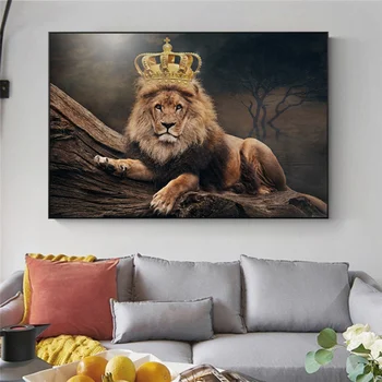El Rey León Con Corona Real Impresiones De La Lona De Arte De Pared Carteles Y Grabados De Animales Africanos León Divertido Pintura De La Imagen Para La Sala De Estar