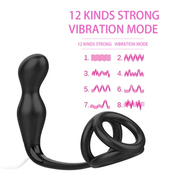 IKOKY Anal Vibrador de Productos de Sexo 12 Velocidad Masajeador de Próstata con el Anillo de Pene Juguetes Sexuales Para los Hombres Consolador Butt Plug Retraso en la Eyaculación