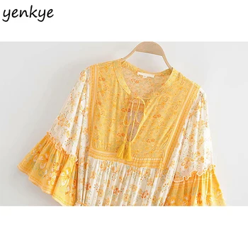 Vacaciones de Verano Vestido de las Mujeres de color Amarillo de la Impresión Floral Bohemio Vestido de Dama de Encaje de Cuello V de la Mariposa de la Manga Una línea Casual Vestido de Playa, Corta
