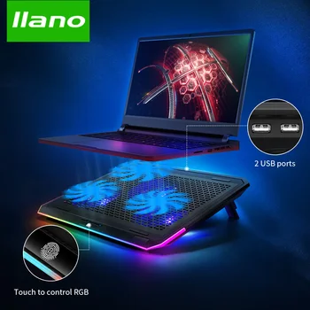LLANO Enfriador Portátil Gaming Notebook Cooling Pad Enfriador de Pie con Tres Ventiladores de 2 Puertos USB RGB Control Táctil de 14-17inch Portátil