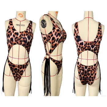Trajes de baño de las Mujeres 2021 Leopard Costuras de Bikini de Una pieza del Traje de baño Sexy Back de la Borla de Una sola Pieza Traje de baño Push Up Femme trajes de baño