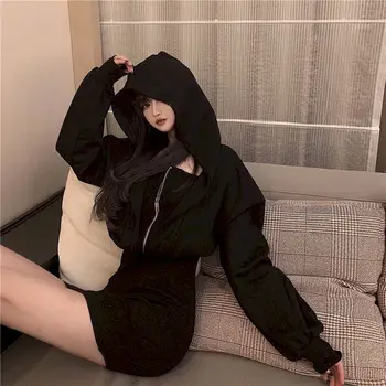 Vestido de Mujer Falsos Dos Negro manga Larga Sudaderas Vestido de Mujer Otoño Ajustada en la Cadera Falda 2021 Nueva Pequeña Falda ajustada