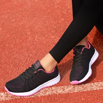 ZHENZU Feminino de la Moda con cordones Negro Zapatos de Deporte Para Mujer Zapatillas de deporte de Luz Plana Tenis de Mujer Zapatos de Gimnasio al aire libre