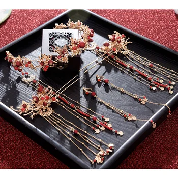 Nuevo rojo de China coronet estilo vinchas cabello palos conjuntos de Novia pedazo del pelo de las novias de la tiara de la Boda