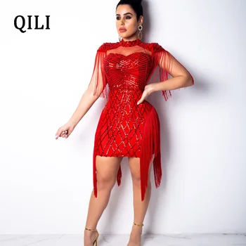 QILI 2019 Nuevo de la Borla de Lentejuelas Vestido de Rojo Negro Caqui Malla de Retazos de Mini Vestidos de Fiesta de Noche de Club Sexy Vestido Elegante Dama de Desgaste