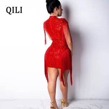 QILI 2019 Nuevo de la Borla de Lentejuelas Vestido de Rojo Negro Caqui Malla de Retazos de Mini Vestidos de Fiesta de Noche de Club Sexy Vestido Elegante Dama de Desgaste