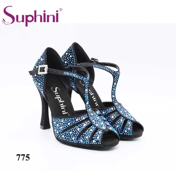 Envío Gratuito Sociales Zapatos De Baile Suphini De Baile Latino Zapatos Negro Brillo Con Glitter Azul Rhinstones De La Boda De La Salsa Latina Zapatos