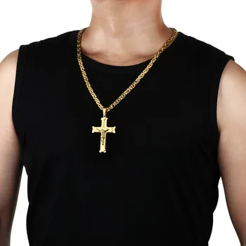 De Acero inoxidable de Cristos Crucifijo de Jesús de la Cruz Colgantes Collares de Oro de Plata de Color de Larga Bizantino las Cadenas de Enlace de los Hombres de la Joyería NC014