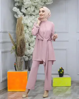 2 Piezas de Dubai Musulmán establece islámica de la cinta tops + trajes de pantalón femenino kaftan turco Hijab Musulmán de vestimenta islámico de ramadán ropa F1789