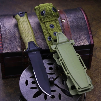 Ejército Verde ABS al aire libre la Mitad de un diente Táctico Cuchillo 440C de América del Norte Safari Cuchillo de Caza al aire libre, rescate de cuchillo recto + scabba