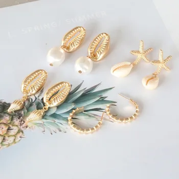 ABDUABDO Aretes de Oro para las Mujeres de Bohemia Pura Concha Naturales Irregulares Pendientes de Perlas Conjunto de Pendientes de la Gota de la Joyería de 4 Pares Conjunto