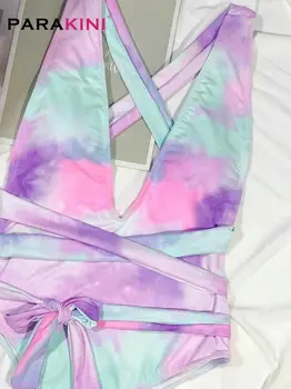 PARAKINI Zambullida Profunda V Cuello de Una sola Pieza Traje de baño de las Mujeres de color Púrpura Tinte del Lazo de Natación Traje de Baño 2021 Envuelva el Vendaje de trajes de baño Monokini