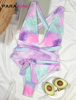 PARAKINI Zambullida Profunda V Cuello de Una sola Pieza Traje de baño de las Mujeres de color Púrpura Tinte del Lazo de Natación Traje de Baño 2021 Envuelva el Vendaje de trajes de baño Monokini