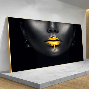 Mujer negra Africana Retrato Cartel Lienzo de Pintura de Oro Labios Carteles y Grabados de Arte de Pared Cuadros de Imagen para la Sala de estar