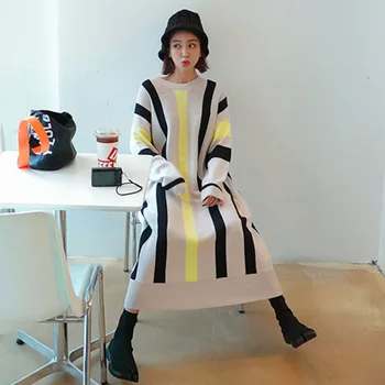 Corea Otoño Invierno Suéter Vestido De Las Mujeres De La Moda Oversize De Punto Jersey De Rayas Vestido De Una Pieza Elegante Suelto Midi Vestidos De 2020