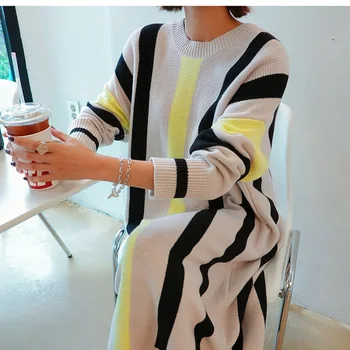 Corea Otoño Invierno Suéter Vestido De Las Mujeres De La Moda Oversize De Punto Jersey De Rayas Vestido De Una Pieza Elegante Suelto Midi Vestidos De 2020