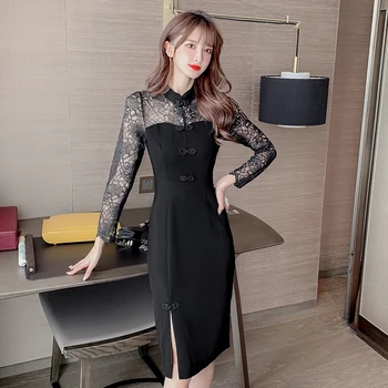 COIGARSAM de la Moda de Encaje de las Mujeres de una sola pieza vestido coreano Nuevo Sexy Cheongsam de la Vendimia Vestidos de Negro 519
