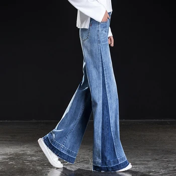 2019 Nueva Elasticidad de la Alta Cintura de las Mujeres de Longitud Completa Flare Jeans de Alta Calidad de Mosaico blanqueada Suelto Ancho de la Pierna de los Pantalones de Primavera Verano