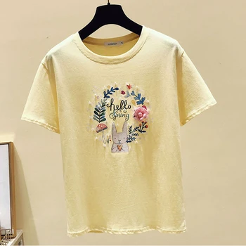 2020 Perlas Abalorios camisetas de Algodón de las Mujeres de las Niñas de Impresión Casual de Punto Camisetas Femenino O-Cuello de Tamaño Más Tops de las Señoras de Harajuku Nuevo