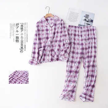 Otoño Damas de Algodón Cepillado Tela de Pijamas de las Mujeres Inviernos Ropa de Manga Larga Pijama de Turn-down Cuello de la Impresión de Conjunto ropa de dormir