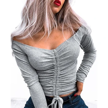 Sexy V Cuello Acanalado Recortada T-shirt Mujer Elegante Corbata de lazo Hasta Fruncido Camiseta de Streetwear Sólido Delgado de la parte Superior del Cultivo 2021 Nuevo