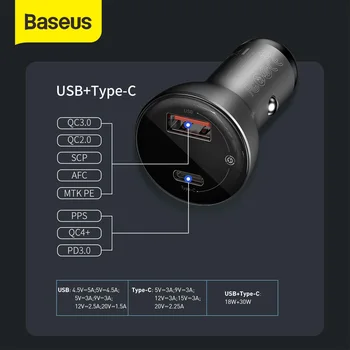 Baseus 45W Coche Dual USB Cargador de Tipo C Para Xiaomi Samsung Huawei PPS QC3.0 Carga Rápida del Teléfono Móvil del Coche Auto Cargador USB