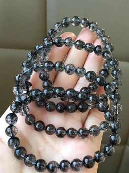 Genuino Negro Natural Rutilated de Cristal de Cuarzo de la Pulsera de Mujer de Hombre de 7mm Ricos Ronda Perlas de la Moda de Reiki Brazalete AAAA