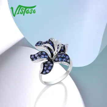 VISTOSO Puro 14K Oro Blanco 585 Anillo Para las Mujeres brillando Diamante Zafiro Azul de la Flor del Anillo de Bodas de Compromiso Elegante Joyería Fina